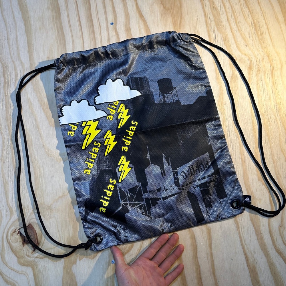 Adidas Gray Graphic Drawstring Bag Lightning Bolt Cloud City Print OS Unisex